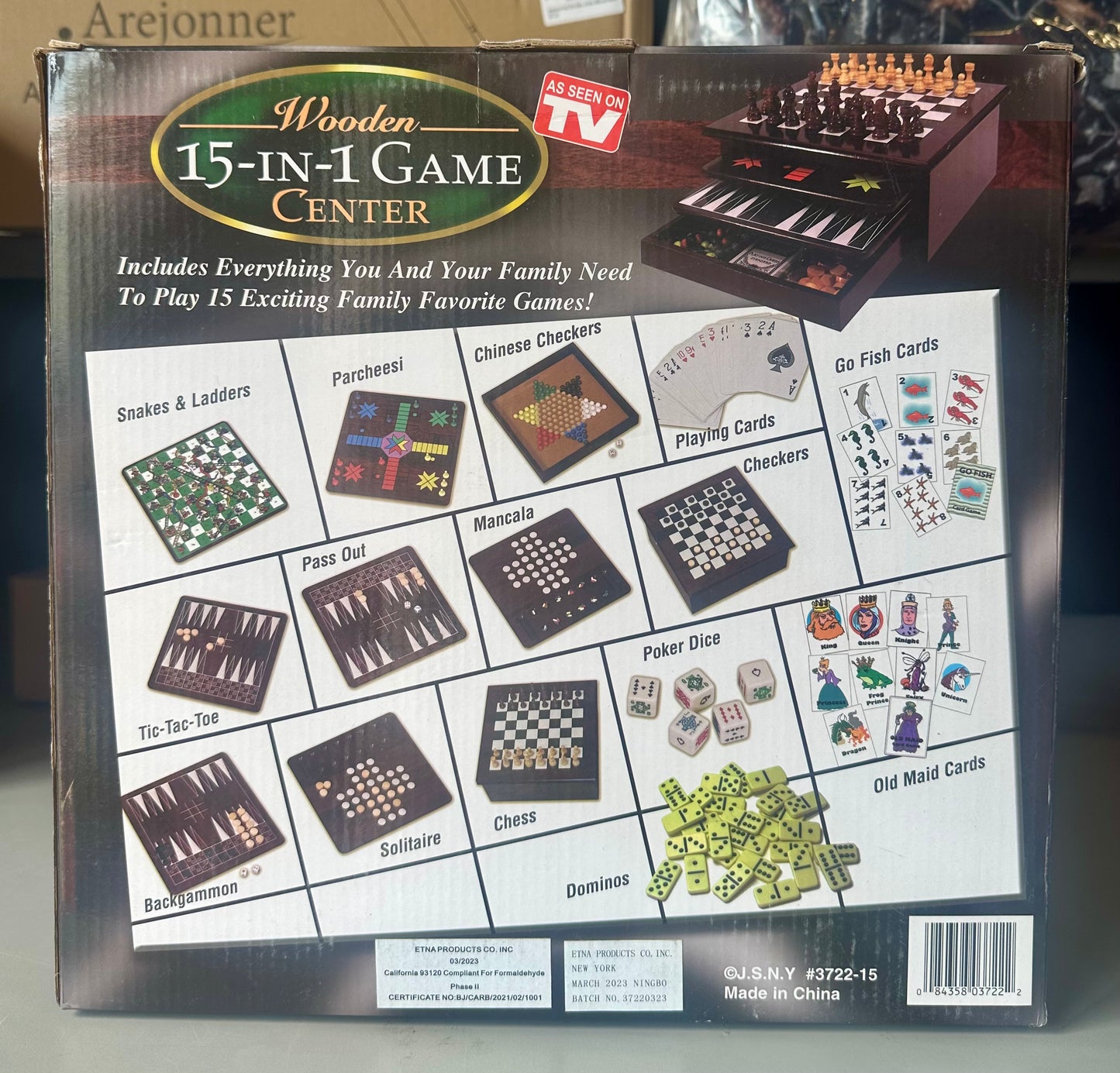 Deluxe 15 in 1 Tabletop Wood-accented Game Center with Storage Drawer (Checkers, Chess, Chinese Checkers, Parcheesi, TicTacToe, SOlitaire, Snakes and Ladders, Mancala, Backgammon, Poker Dice, Playing Cards, Go Fish, Old Maid, and Dominos)