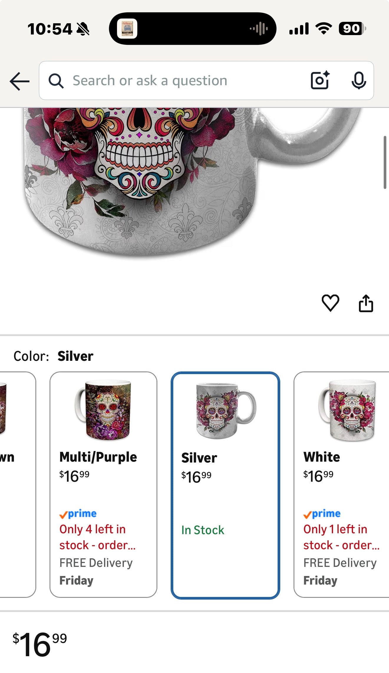 Sweet Gisele Sugar Skull Ceramic Mug, Floral Print Coffee Cup, Day of the Dead Design, Beautiful Vivid Colors, Great Novelty Mugs 11 Fl Oz Silver