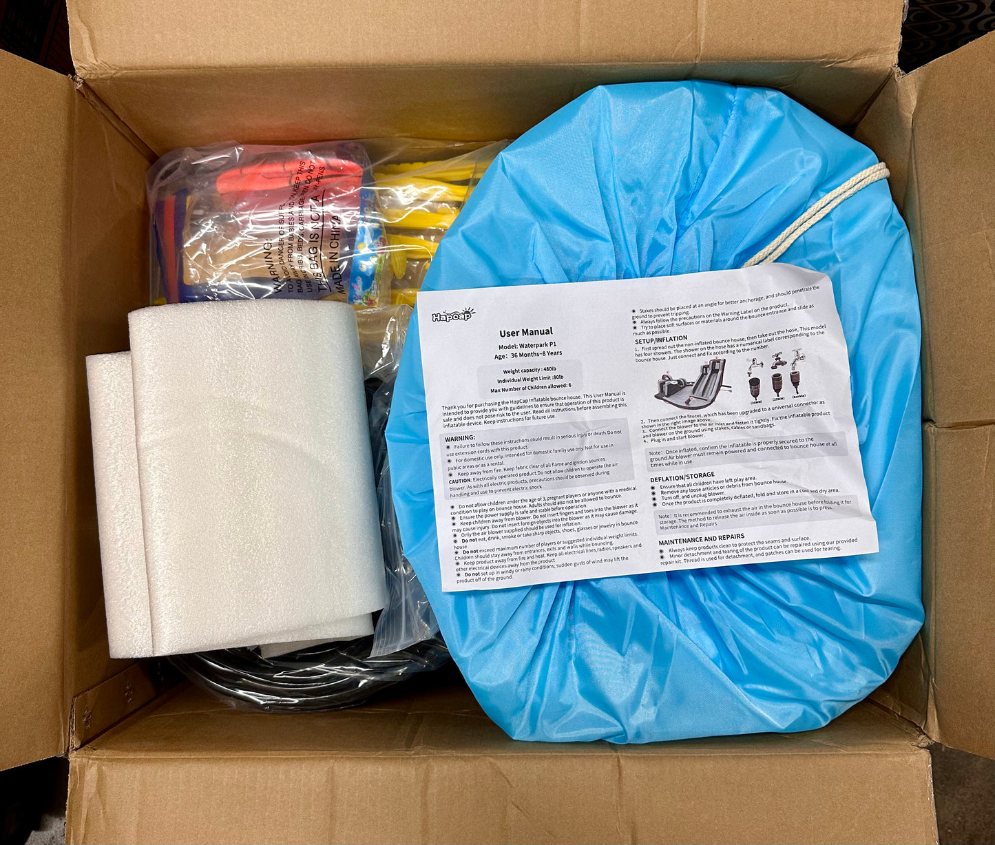 HAPCAP Inflatable Water Slide with Air Blower, Three Water Slides, 2
Climbing Walls, Tunnel, Obstacle Bar, Outdoor Backyard, 13.8 ft x 13.5 ft (W501)