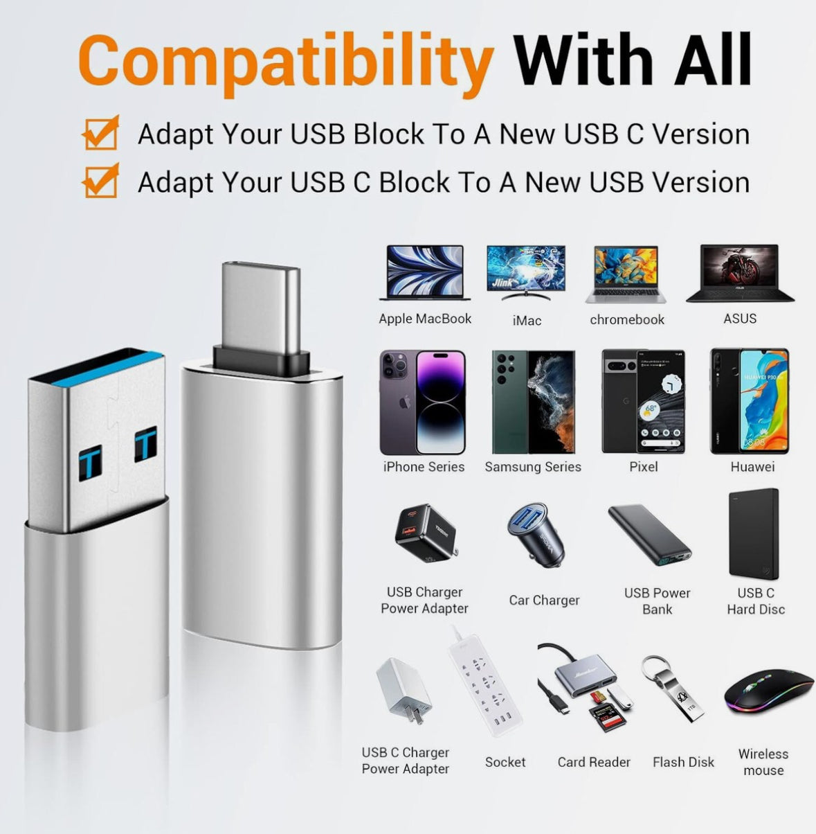 Temdan USB C to USB Adapter 4 Pack with USB Type C Male to USB 3.0 Female,for Apple Watch Ultra 8 9,iPhone 15 Pro Max 14 13 12,AirPods,OTG Adapt USB to USB C-Silver