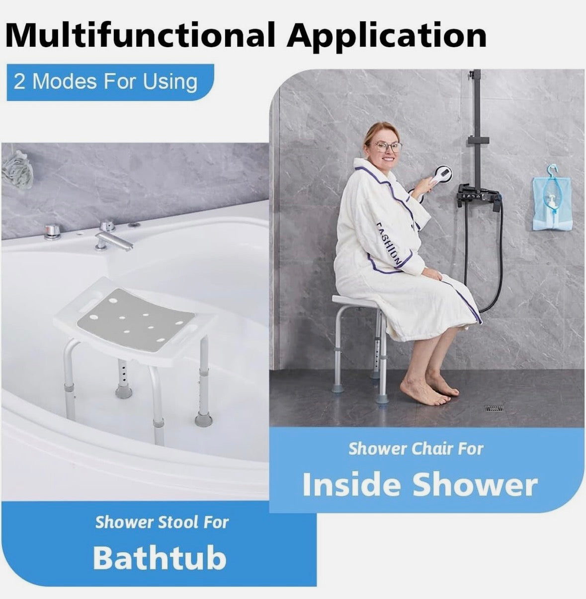 SOUHEILO HSA/FSA Eligible Shower Chair With Free Grab Bar - Tool-Free Adjustable Seat for Inside Bathtub, Waterproof Stool for Elderly