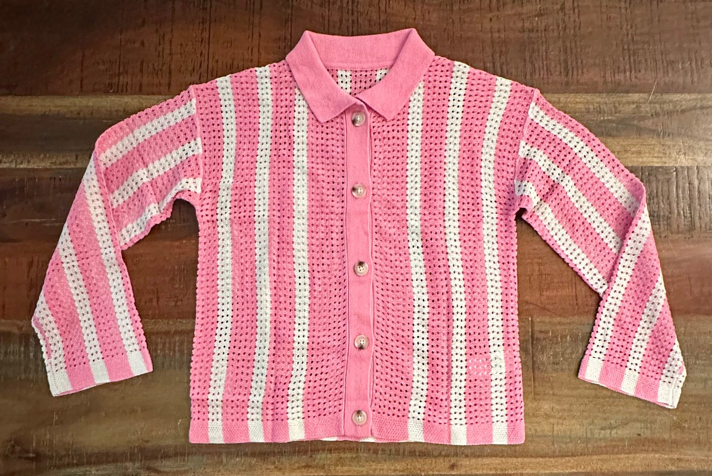 Women’s Striped Crochet Cardigan Button Sweater, Open Front Mesh Knit Long Sleeve V Neck Loose Sweater, Pink (Size Small)