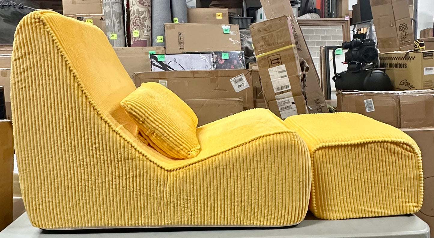 Giant Bean Bag Chair for Adults,Corduroy Chaise Lounge with Unrivaled Back Support, Detachable Neck Pillow, Comfortable Ottoman & Washable Cover (Corn Yellow) (L1017)