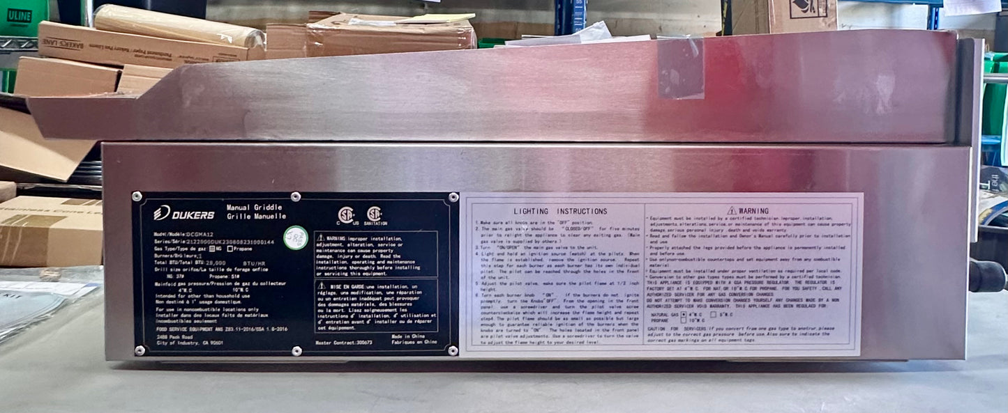 New - Dukers DCGMA12 12” Commercial Countertop Gas Griddle, 1 Burner, NG/LPG 30,000 BTU 1 inch Plate with Manual Controls (R551)