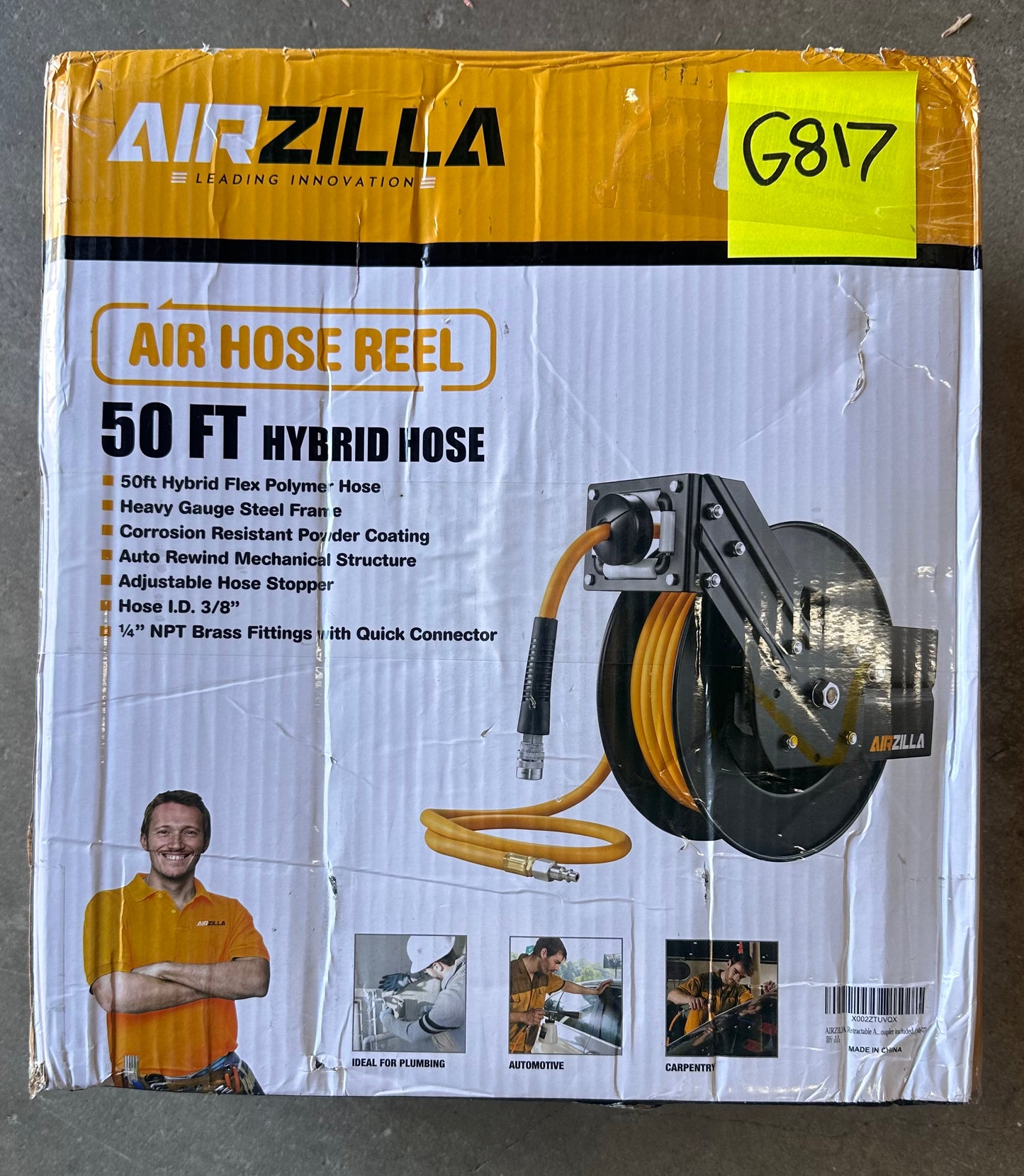 Premium Steel Retractable Air Hose Reel With Dual Arm, 3/8"x50Ft Hybrid Polymer Hose, Auto Rewind Reel, Quick Air Coupler, Durable Double Frame (G817)