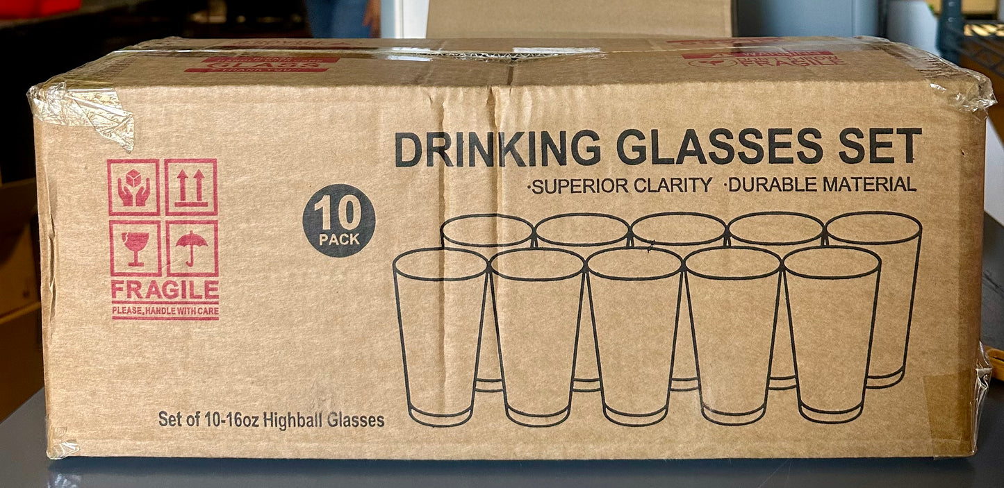 Drinking Glasses - Set of 10-16oz. Margarita Glass Cups - Dishwasher Safe Cocktail Clear Heavy Base Tall Beer Glasses, Water Glasses, Bar Glass, Wine, Juice, Iced Tea