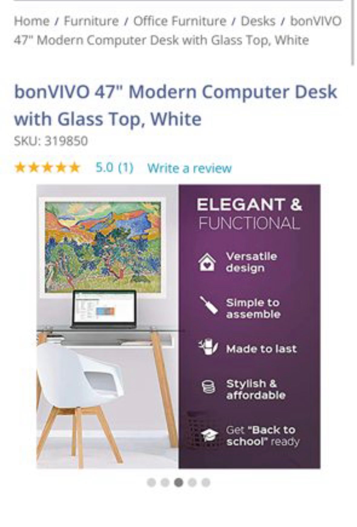 bonVIVO 47" Modern Computer Desk with Glass Top, White (O243)