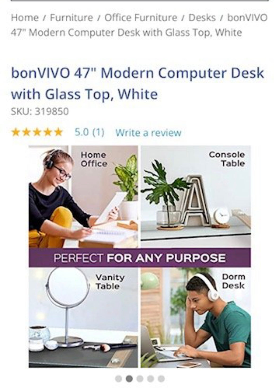 bonVIVO 47" Modern Computer Desk with Glass Top, White (O243)