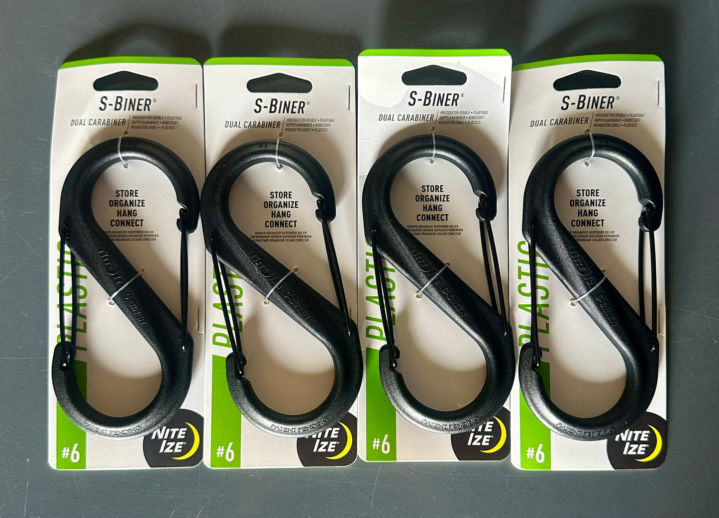 Nite Ize S-Biner Plastic Dual Carabiner - Durable Dual Carabiner with Wire Gate Closure for Organizing Keys & Keychain Attachments - Size 6, Black (4 Pack)