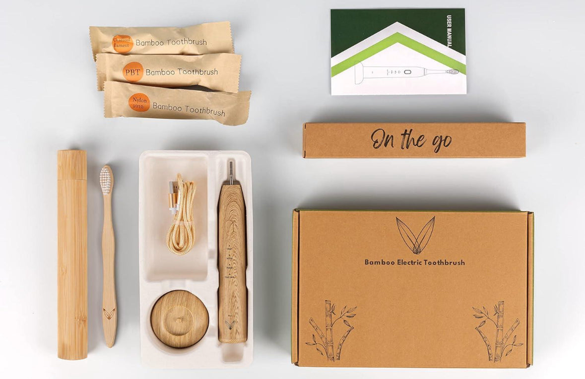 V EcoSonic Bamboo Toothbrush Kit: Sonic Electric Toothbrush with Bamboo Heads, Regular Bamboo Toothbrush and Bamboo Travel Cas