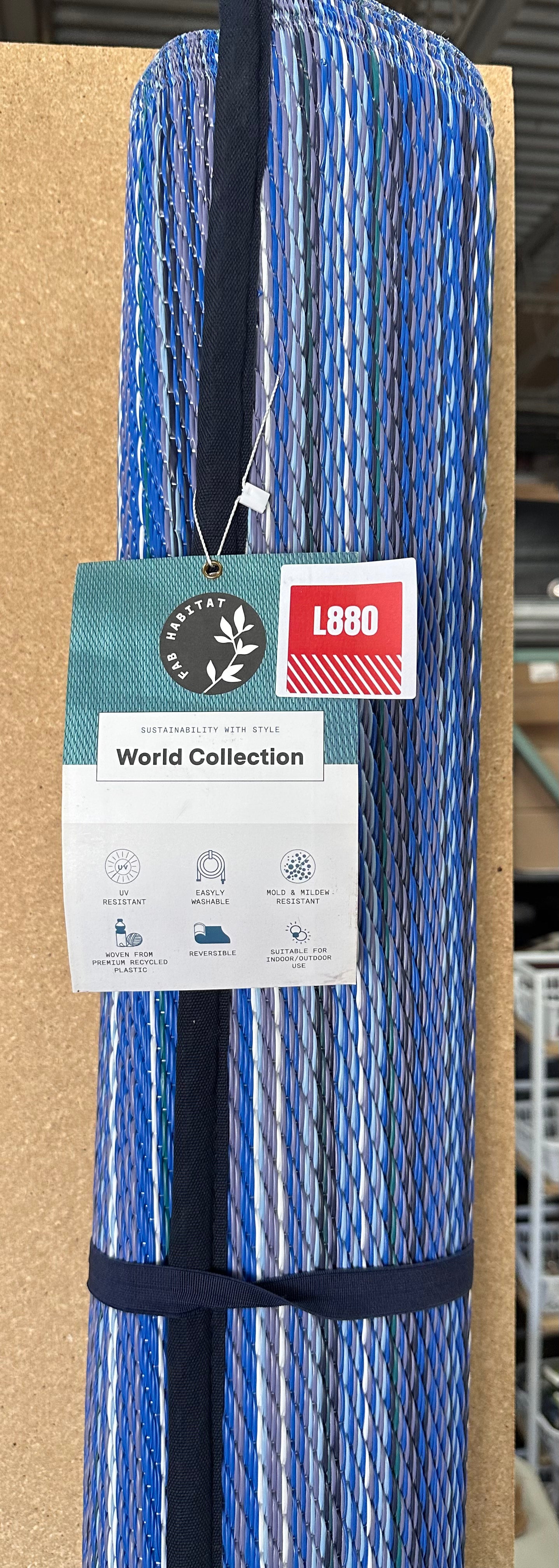 New - Fab Habitat Striped Outdoor Rug 8’x10’ Waterproof, Fade Resistant, Crease-Free, Reversible - Premium Recycled Plastic-Cancun Indigo (L880)