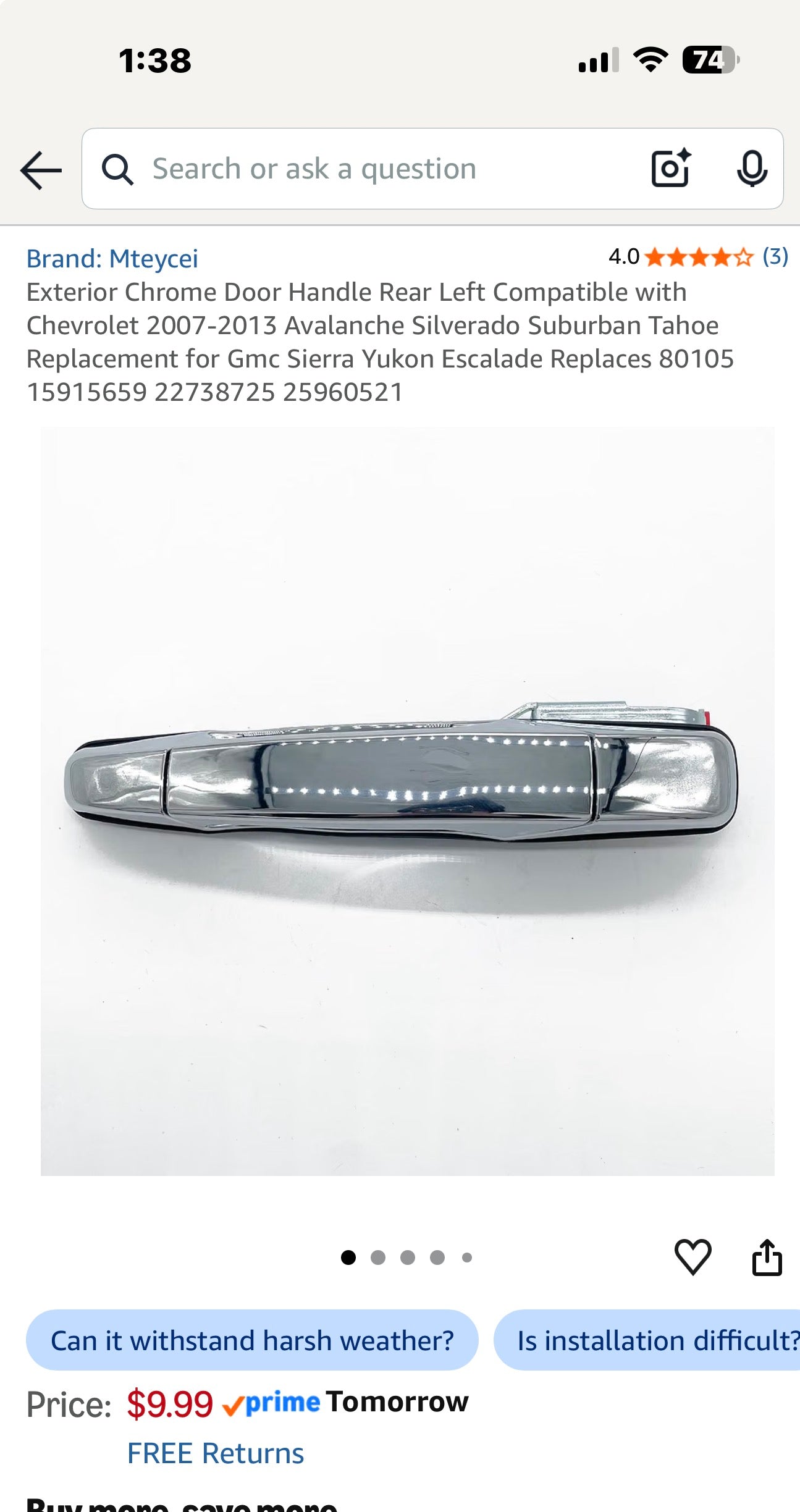 Exterior Chrome Door Handle Rear Left Compatible with Chevrolet 2007-2013 Avalanche Silverado Suburban Tahoe Replacement for Gmc Sierra Yukon Escalade Replaces 80105 15915659 22738725 25960521