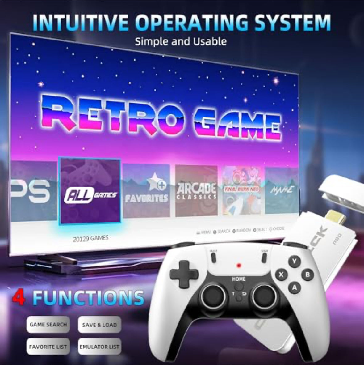 2024 Retro Game Console Stick, Nostalgia Gaming Stick, Over 20,000 Games and 19 Emulators, Upgraded Dual 2.4G Wireless Controllers, Plug & Play TV Video Gaming Stick with 64GB Memory