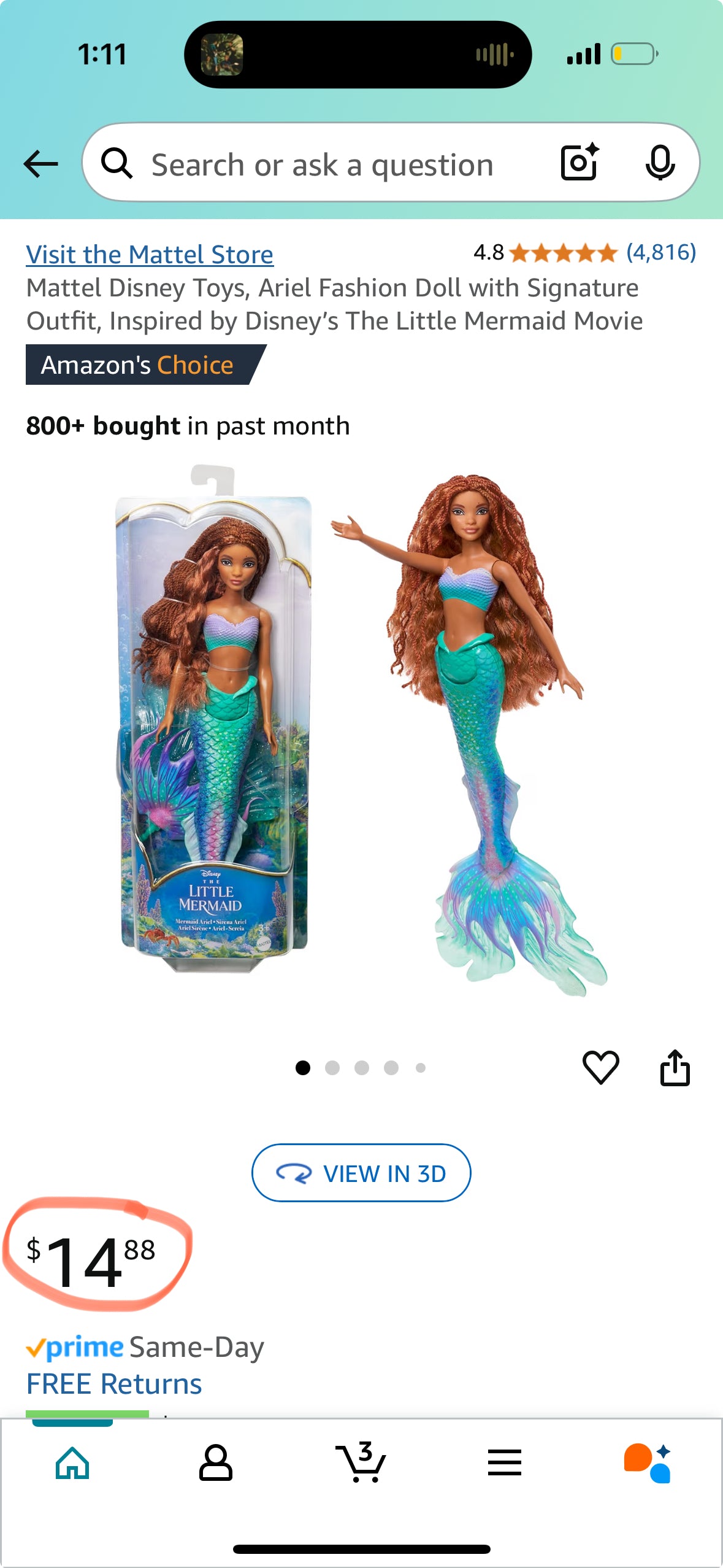 Mattel Disney Toys, Ariel Fashion Doll with Signature Outfit, Inspired by Disney’s The Little Mermaid Movie