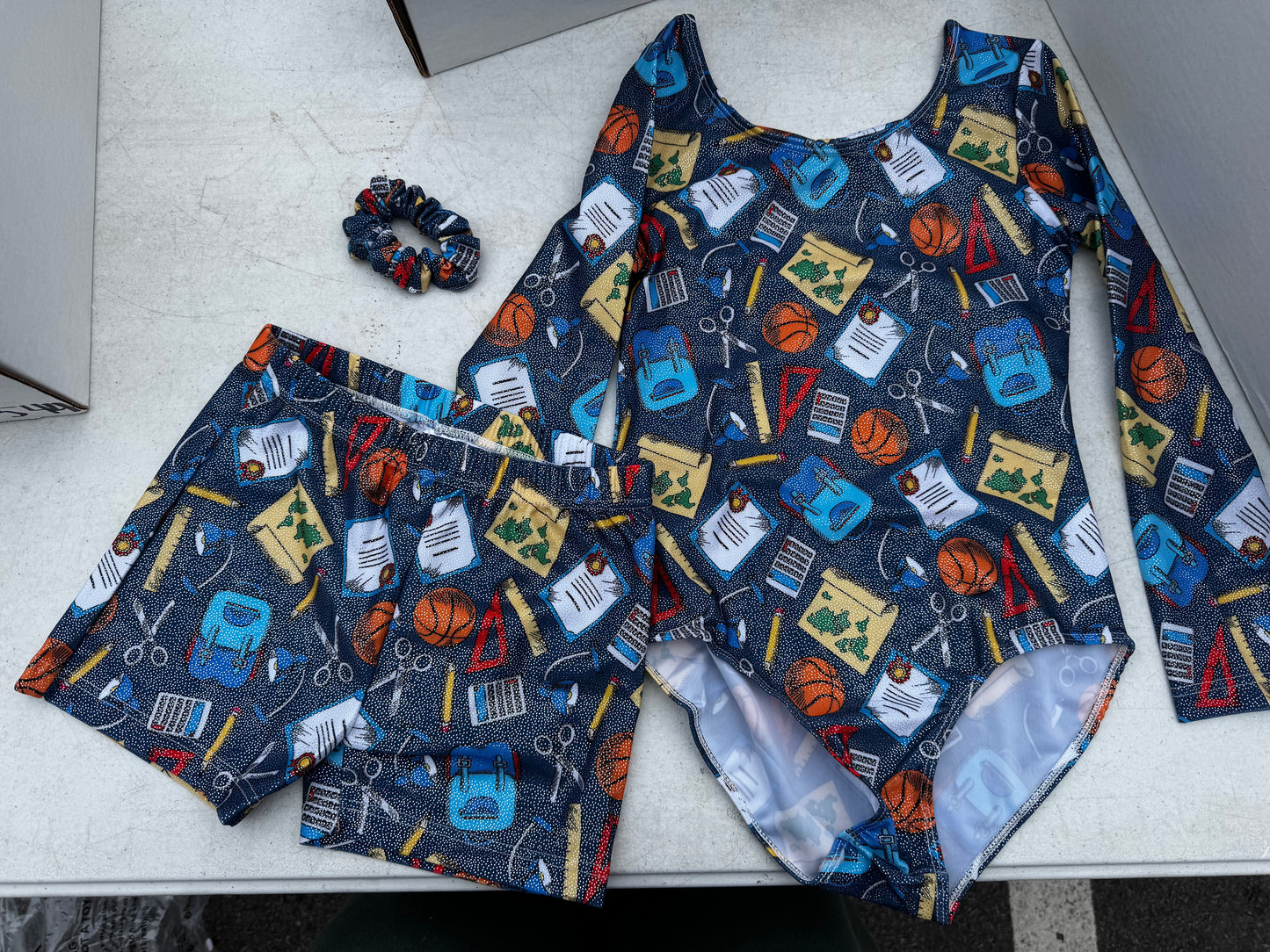 Girls Gymnastics Leotard Sparkly Long Sleeve Unitards with Matching Shorts and Hair Scrunchie Outfits (Sizes Vary)