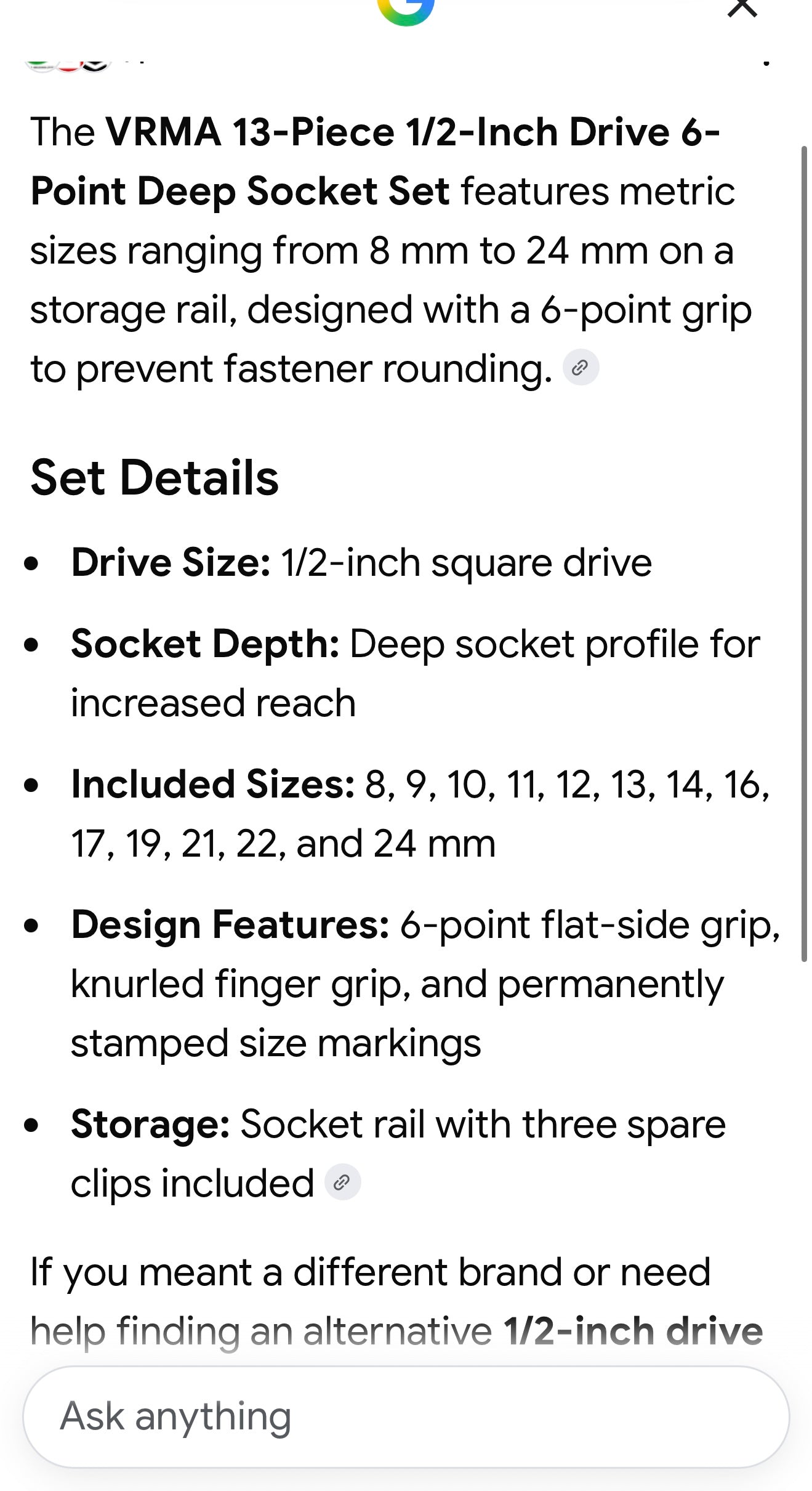 Varma 1/2” Drive Metric 6-Point Deep Socket Set