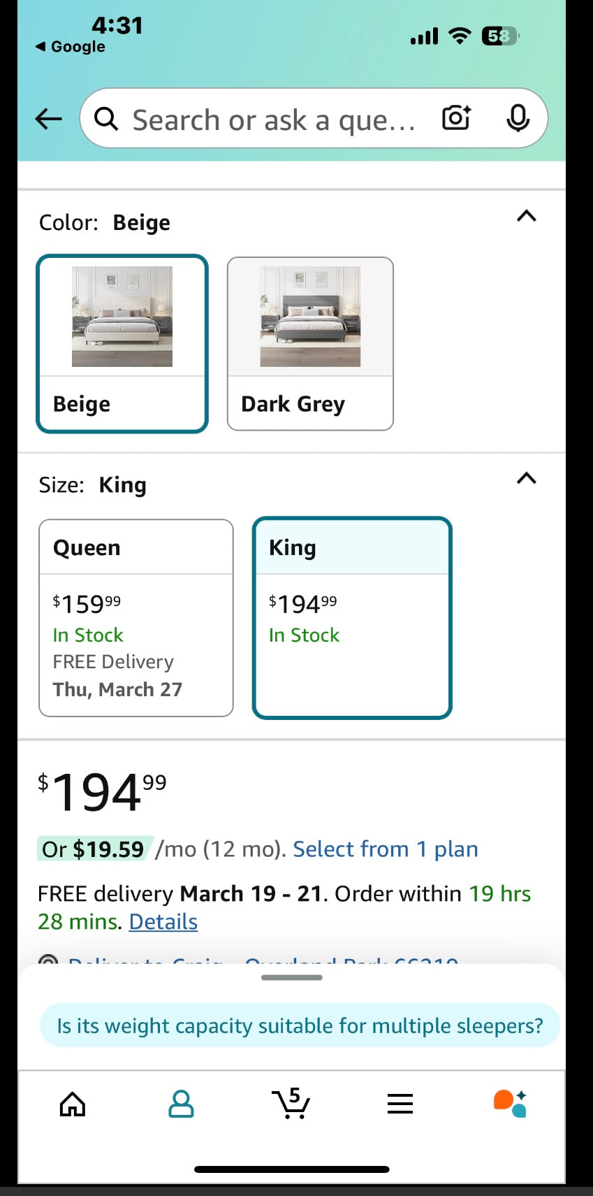 New - King Size Upholstered Bed Frame, Gray (B888)