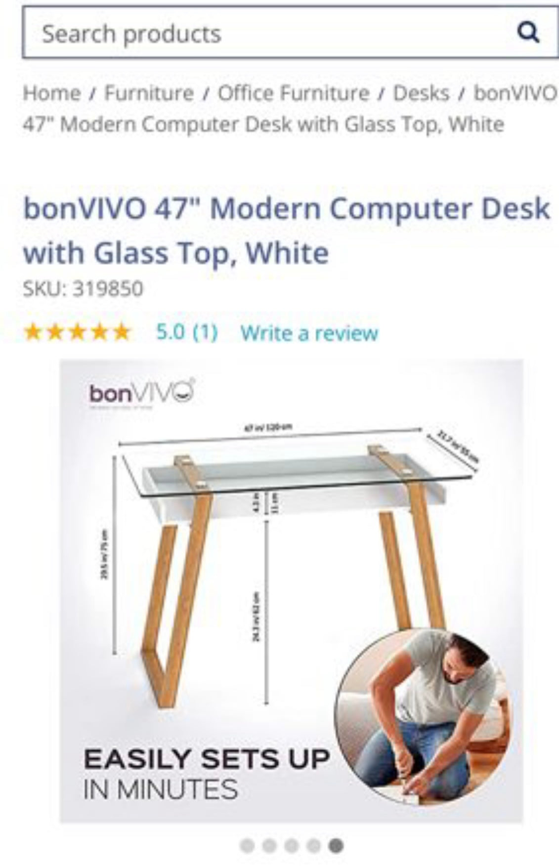 bonVIVO 47" Modern Computer Desk with Glass Top, White (O243)
