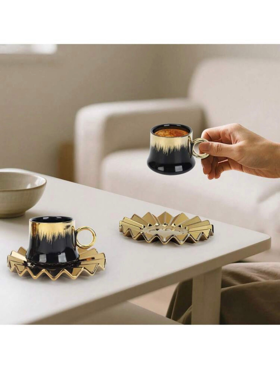 HYEIOL Cappuccino Cups with Saucers,3.4 oz Ceramic Turkish Coffee Cup With Gold Trim,Black Gift Box with Window,Espresso Cups Set of 6 for Cappuccino, Latte, Mocha, Au Lait, Double Espresso,Black