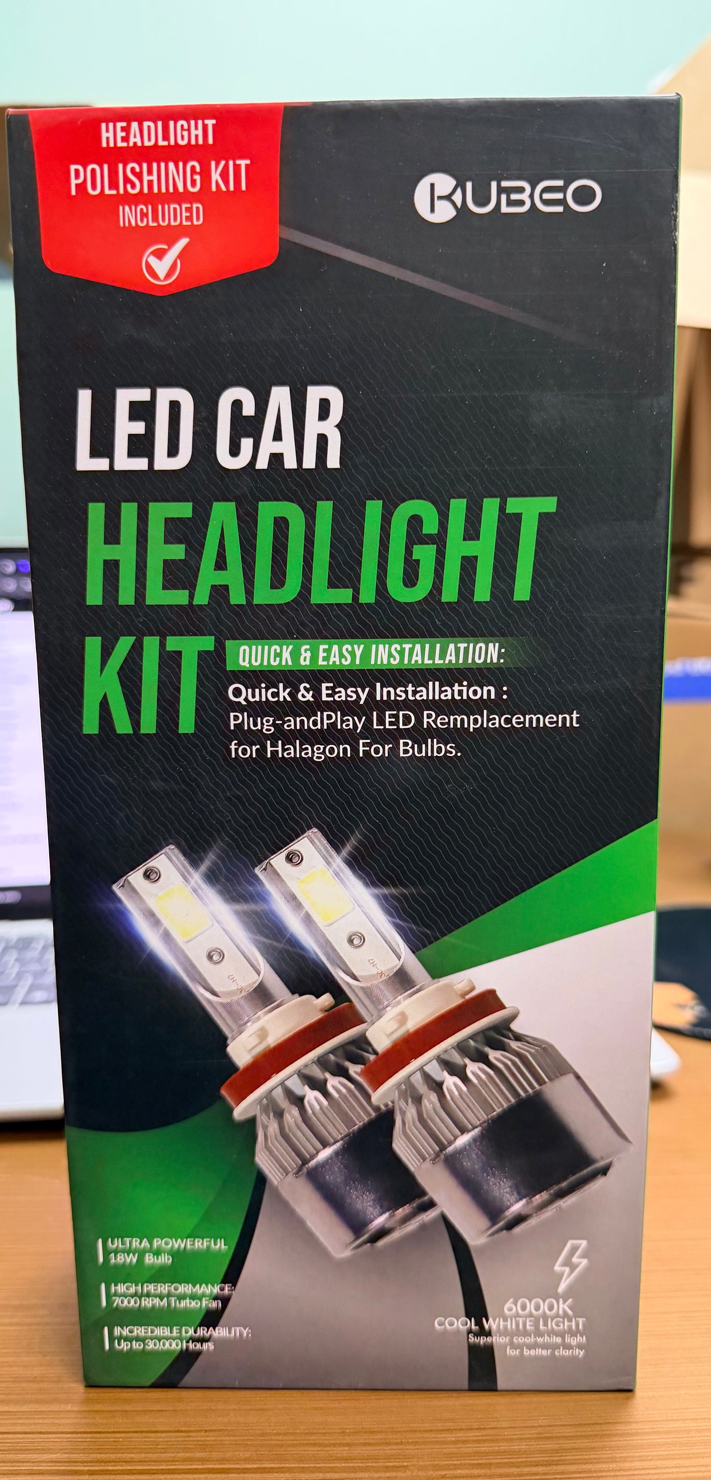 H3 LED Headlight Kit 6000K Cool White Light Bulbs 18W With Headlight Polishing Kit
