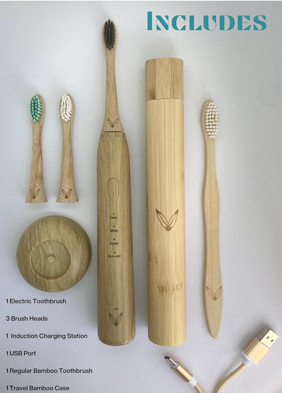 V EcoSonic Bamboo Toothbrush Kit: Sonic Electric Toothbrush with Bamboo Heads, Regular Bamboo Toothbrush and Bamboo Travel Cas