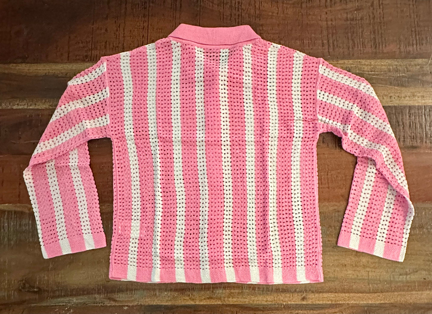 Women’s Striped Crochet Cardigan Button Sweater, Open Front Mesh Knit Long Sleeve V Neck Loose Sweater, Pink (Size Small)