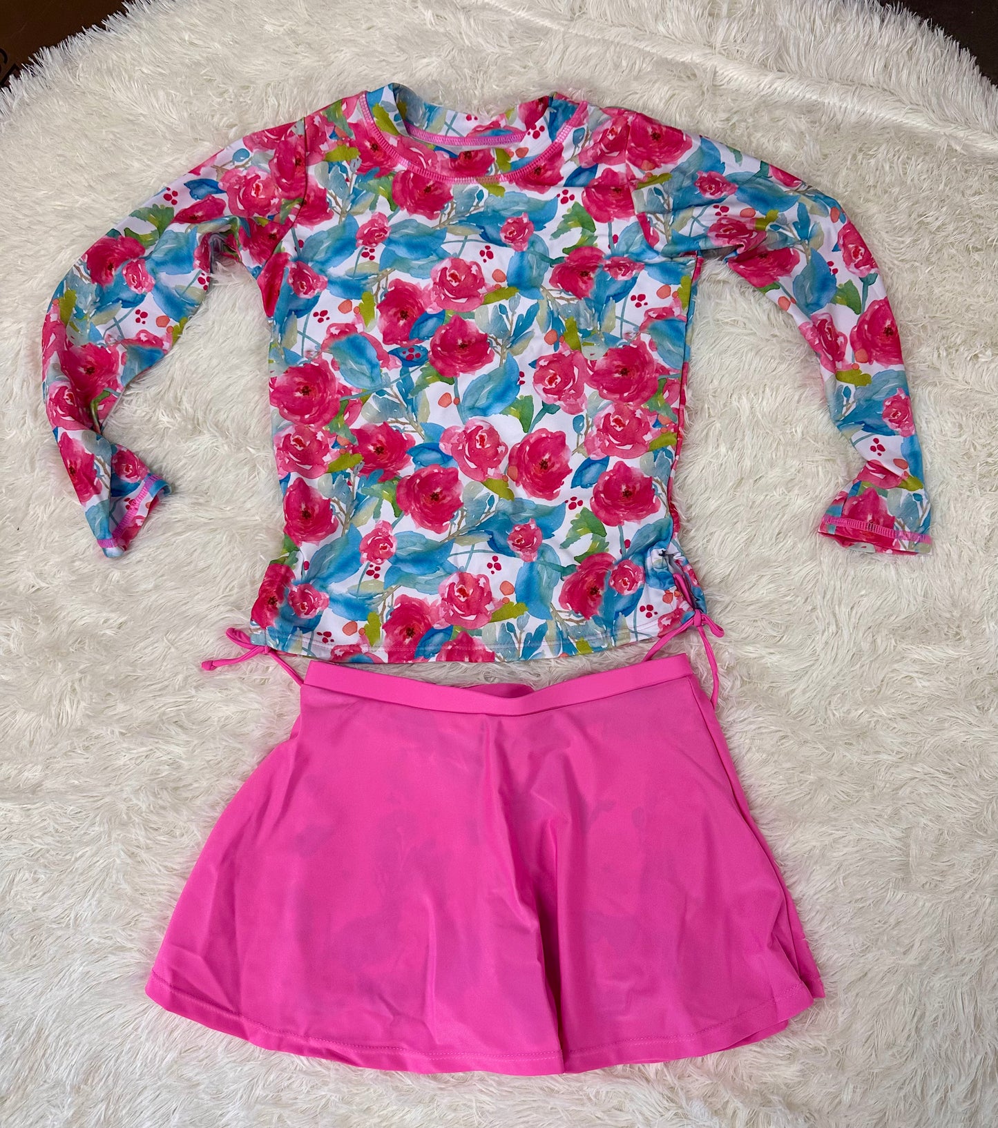 Girls Rash Guard Two Pieces Bathing Suit, Long Sleeve Swimsuit Swimming Skirt with Shorts (Size 11-12, Youth)