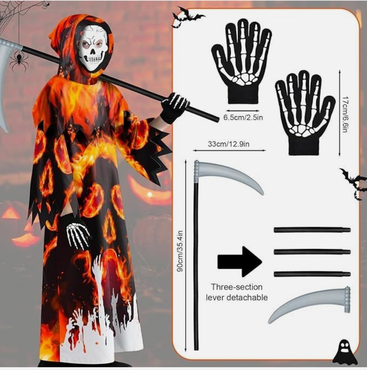 Kids Grim Reaper Costume Glow in the Dark Outfit with Skull Mask, Death Scythe, Skeleton Gloves (Size 10-12 Years)