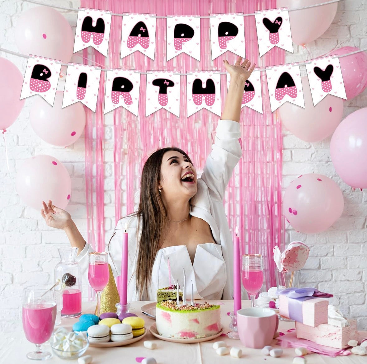SAVITA Pink Bow Birthday Banner, Coquette Birthday Sign Decorations Pink Black Cartoon Themed Backdrop for Home Door Wall Party Celebration Supplies for Girls