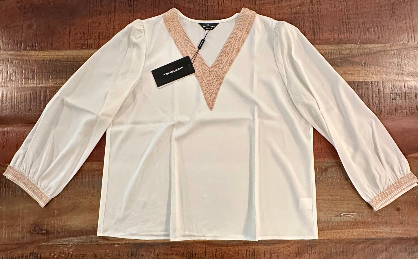 Silky Women’s Long Sleeve Embroidery Satin V-Neck Blouse (Size Large)