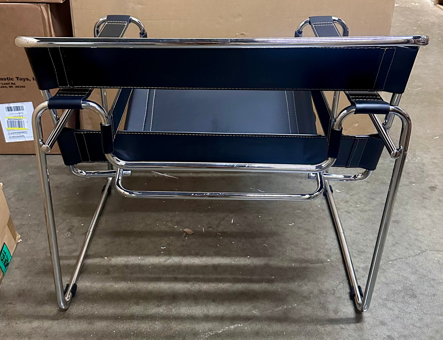 Mid-Century Modern Accent Chair, Saddle Leather Armchair, Stainless Steel Frame, Black (O425)