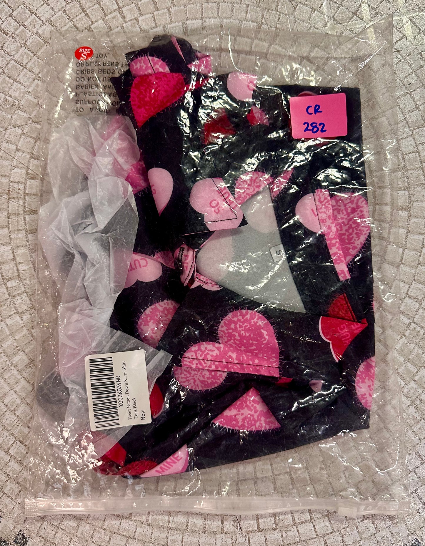 Heart Print Shirt, Short Sleeve Tee, Lapel Button Down Top (Size Adult Small)