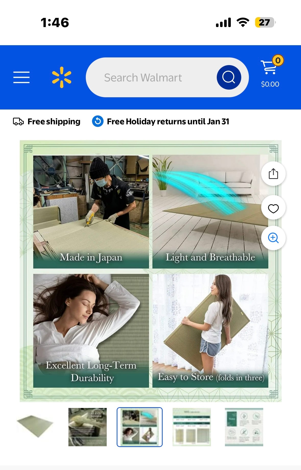 FULI Japanese Tatami Mattress, Igusa Mat (100% Japanese Rush Grass) Folds in Three, Made in Japan (Natural, Full) (B1125)