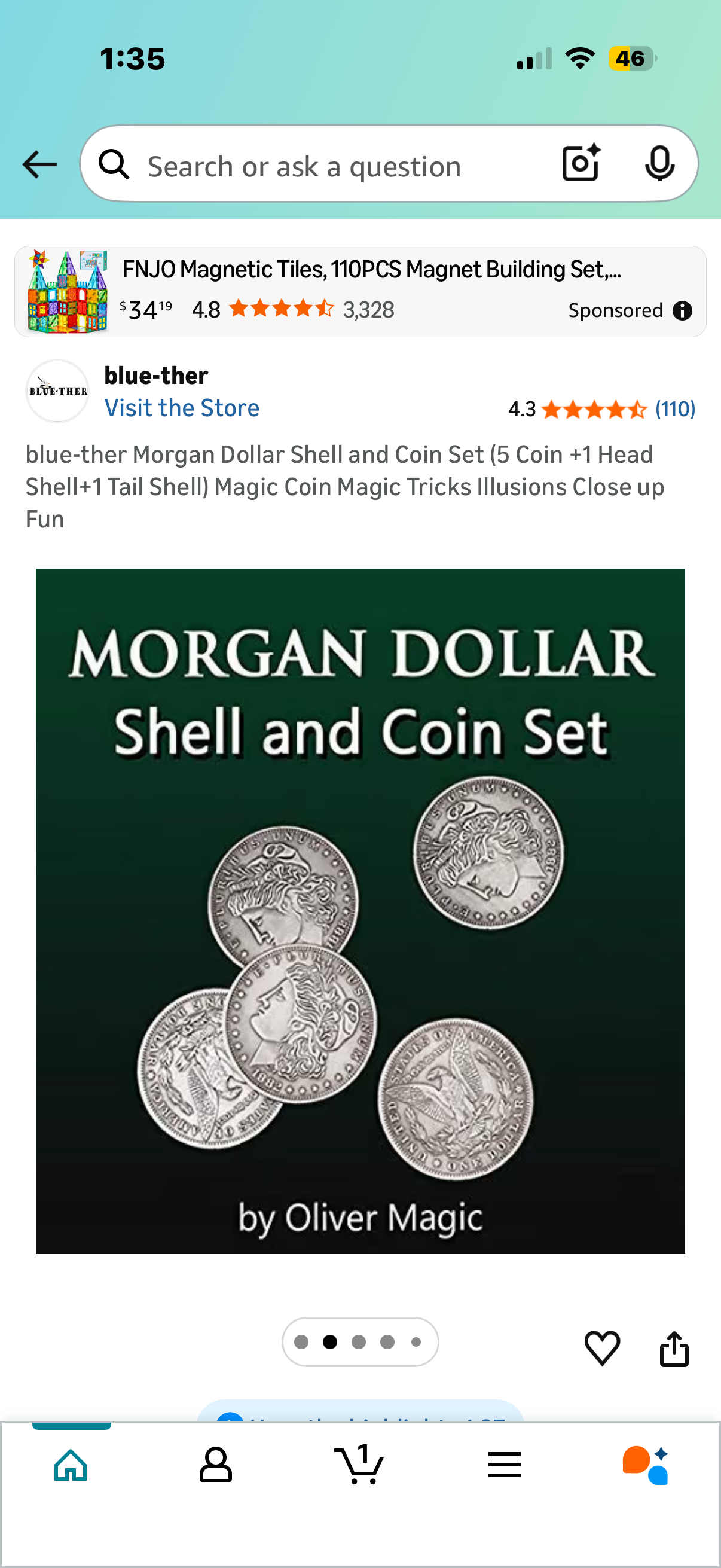blue-ther Morgan Dollar Shell and Coin Set (5 Coin +1 Head Shell+1 Tail Shell) Magic Coin Magic Tricks Illusions Close up Fun