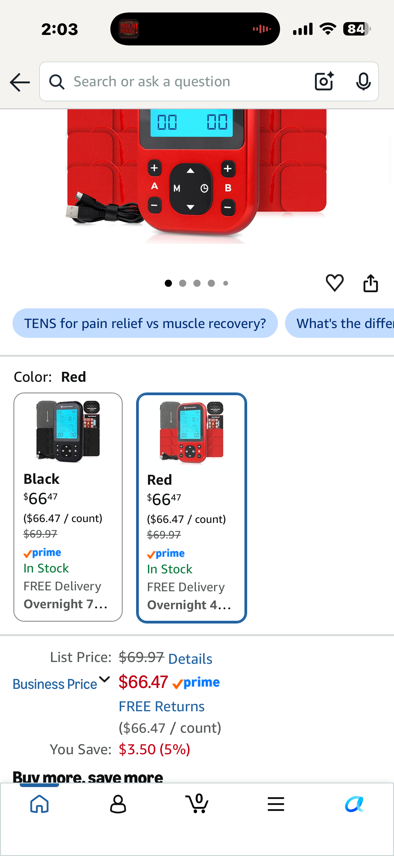 NEOCARBON TENS Unit Muscle Stimulator Pro for Back Pain Relief, Shoulder Recovery and Physical Therapy, Electronic Massager Machine with PMS Pulse for Effective Shock Therapy, Red