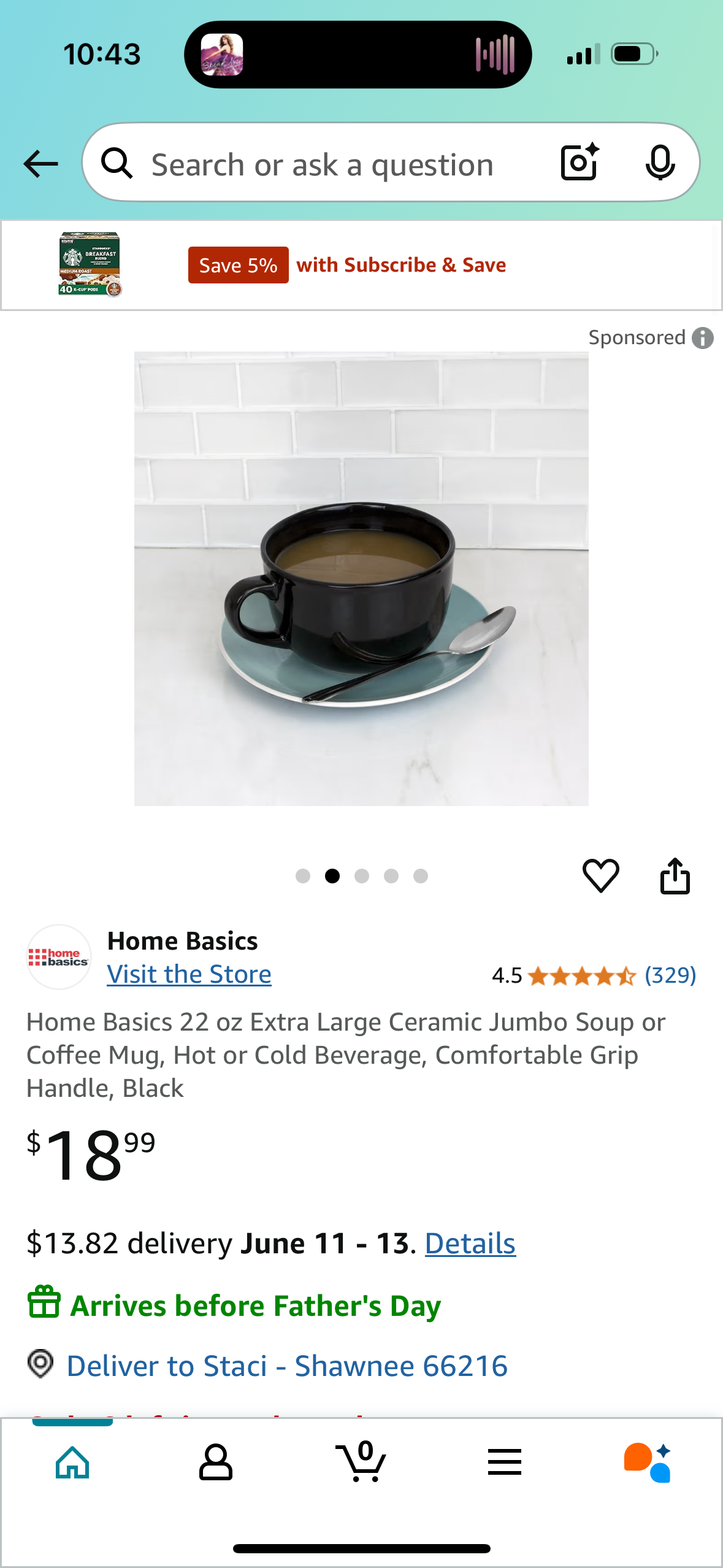 Home Basics 22 oz Extra Large Ceramic Jumbo Soup or Coffee Mug, Hot or Cold Beverage, Comfortable Grip Handle, Black