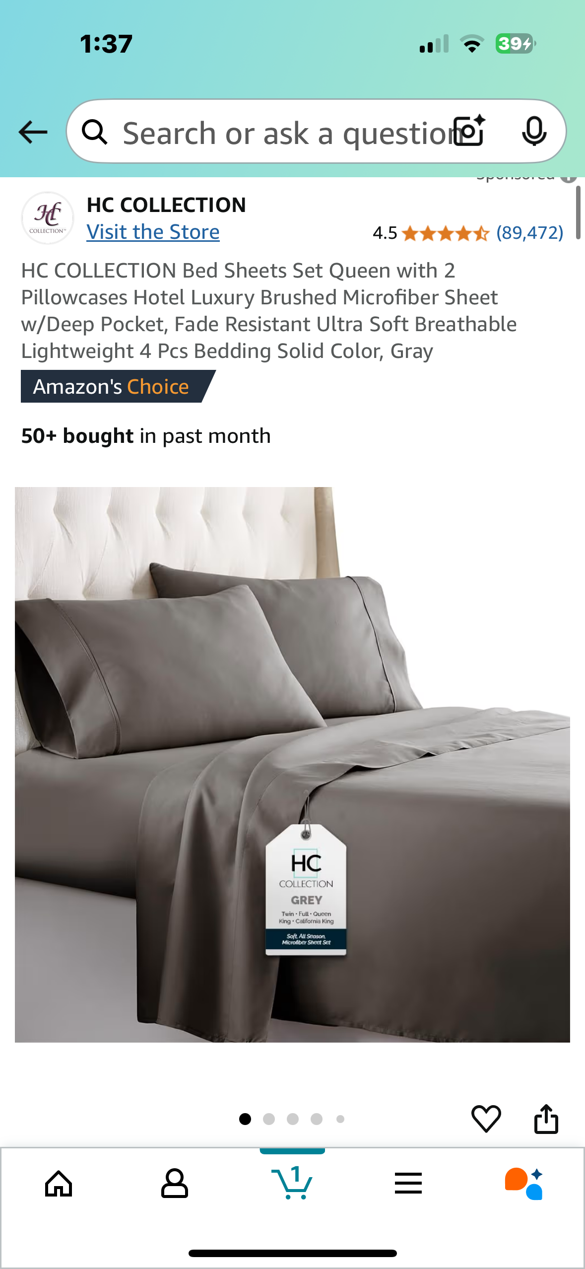 HC COLLECTION Bed Sheets Set Queen with 2 Pillowcases Hotel Luxury Brushed Microfiber Sheet w/Deep Pocket, Fade Resistant Ultra Soft Breathable Lightweight 4 Pcs Bedding Solid Color, Gray