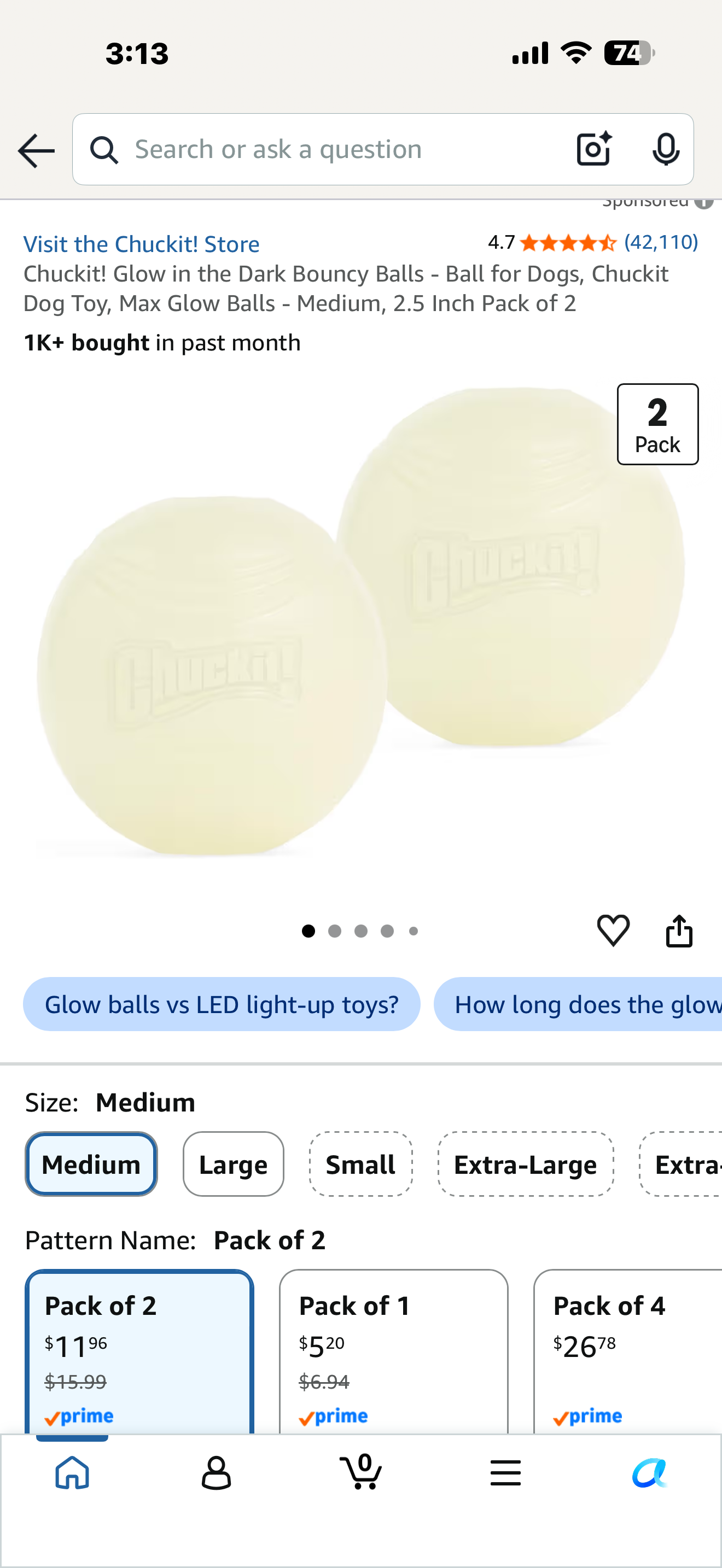 Chuckit! Glow in the Dark Bouncy Balls - Ball for Dogs, Chuckit Dog Toy, Max Glow Balls - Medium, 2.5 Inch Pack of 2
