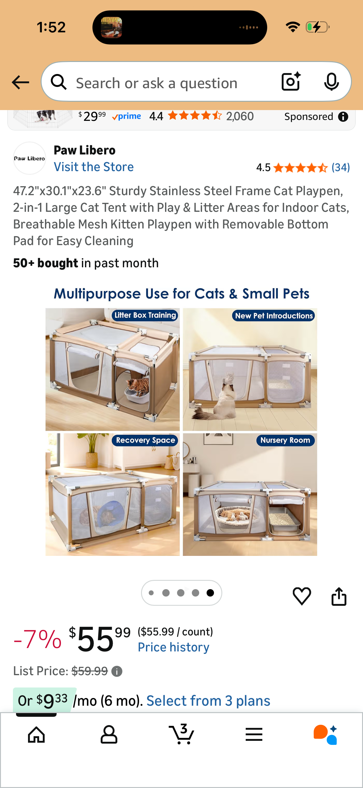 47.2"x30.1"x23.6" Sturdy Stainless Steel Frame Cat Playpen, 2-in-1 Large Cat Tent with Play & Litter Areas for Indoor Cats, Breathable Mesh Kitten Playpen with Removable Bottom Pad for Easy Cleaning