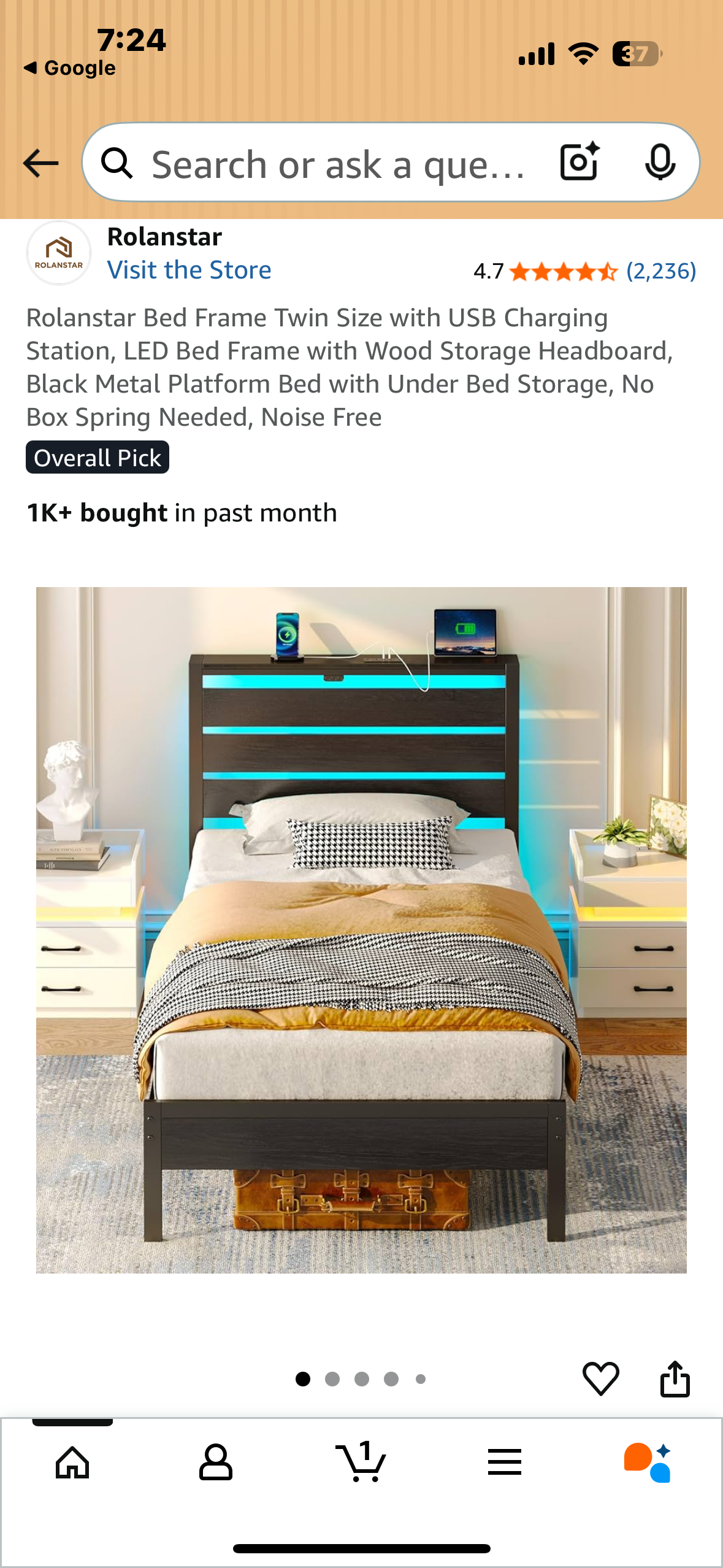 Twin Size Bed Frame with USB Charging Station, LED Bed Frame with Storage Headboard, Black Metal Platform Bed with Under Bed Storage, No Box Spring Needed, Noise Free (B1107)