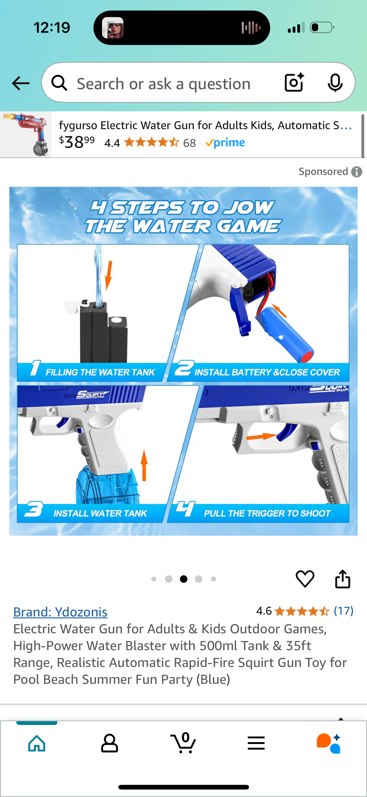 Electric Water Gun for Adults & Kids Outdoor Games, High-Power Water Blaster with 500ml Tank & 35ft Range, Realistic Automatic Rapid-Fire Squirt Gun Toy for Pool Beach Summer Fun Party (Blue)