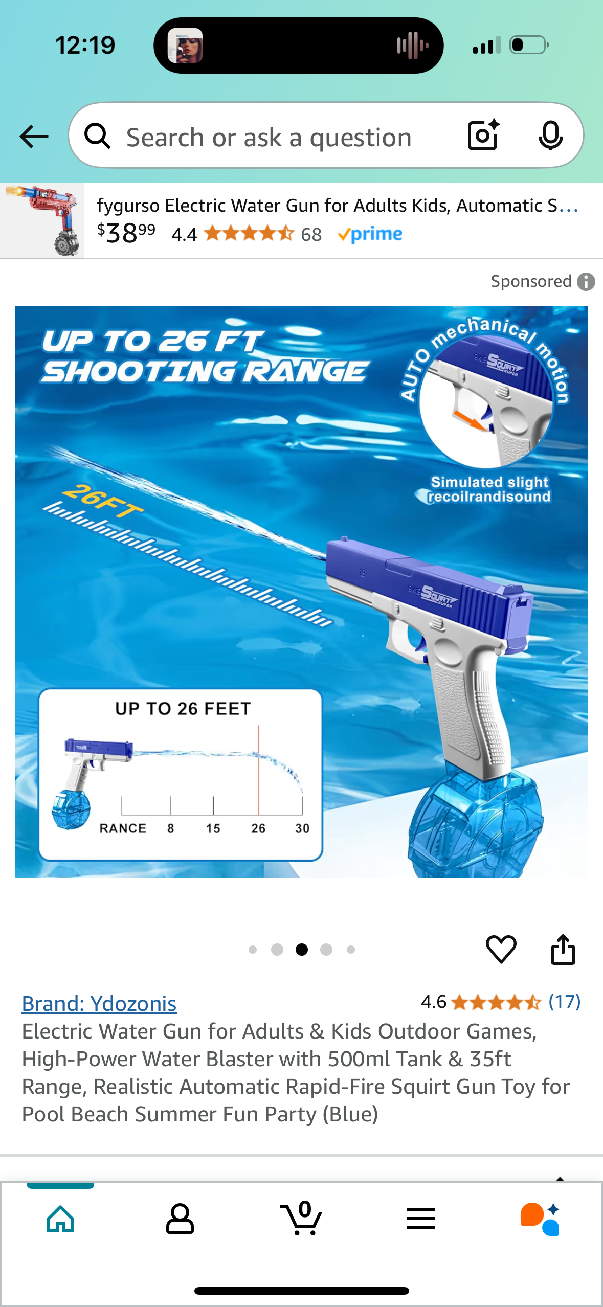 Electric Water Gun for Adults & Kids Outdoor Games, High-Power Water Blaster with 500ml Tank & 35ft Range, Realistic Automatic Rapid-Fire Squirt Gun Toy for Pool Beach Summer Fun Party (Blue)