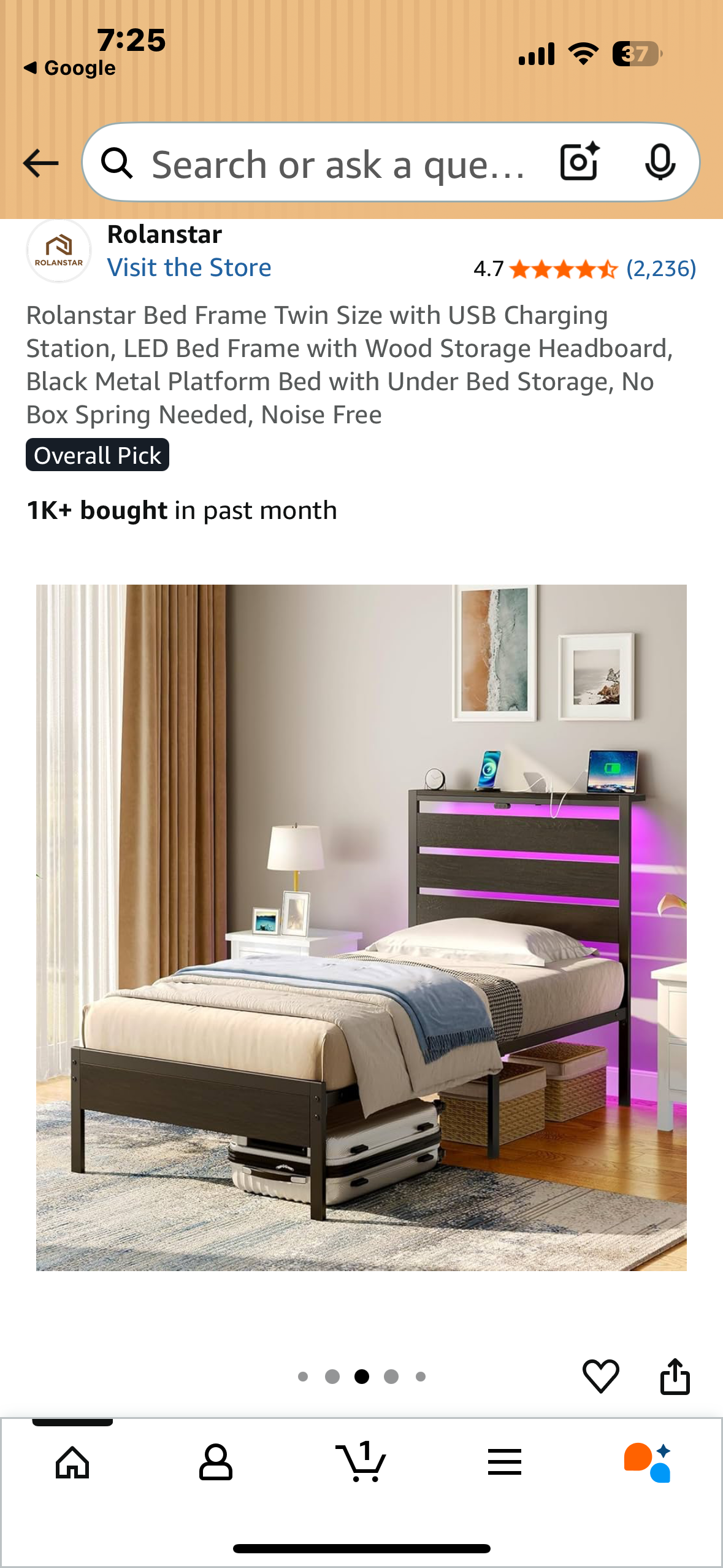 Twin Size Bed Frame with USB Charging Station, LED Bed Frame with Storage Headboard, Black Metal Platform Bed with Under Bed Storage, No Box Spring Needed, Noise Free (B1107)
