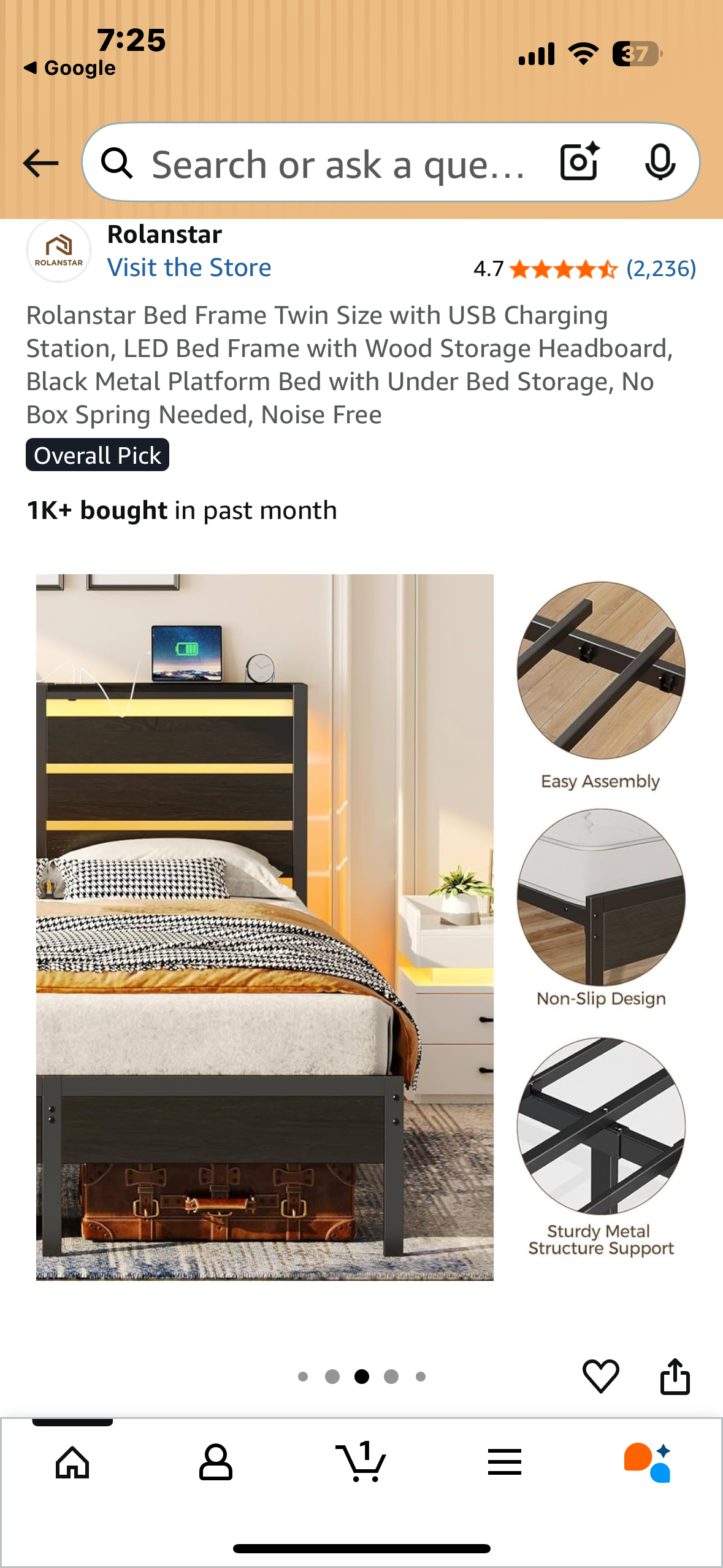 Twin Size Bed Frame with USB Charging Station, LED Bed Frame with Storage Headboard, Black Metal Platform Bed with Under Bed Storage, No Box Spring Needed, Noise Free (B1107)