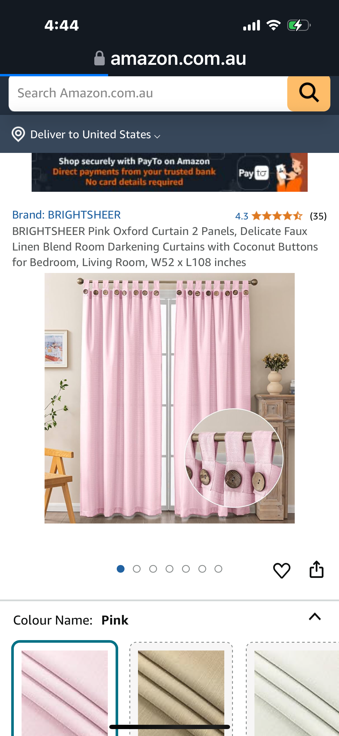 BRIGHTSHEER Pink Oxford Curtain 2 Panels, Delicate Faux Linen Blend Semi-Blackout Curtains with Coconut Buttons for Living Room, W52 x L84 inches