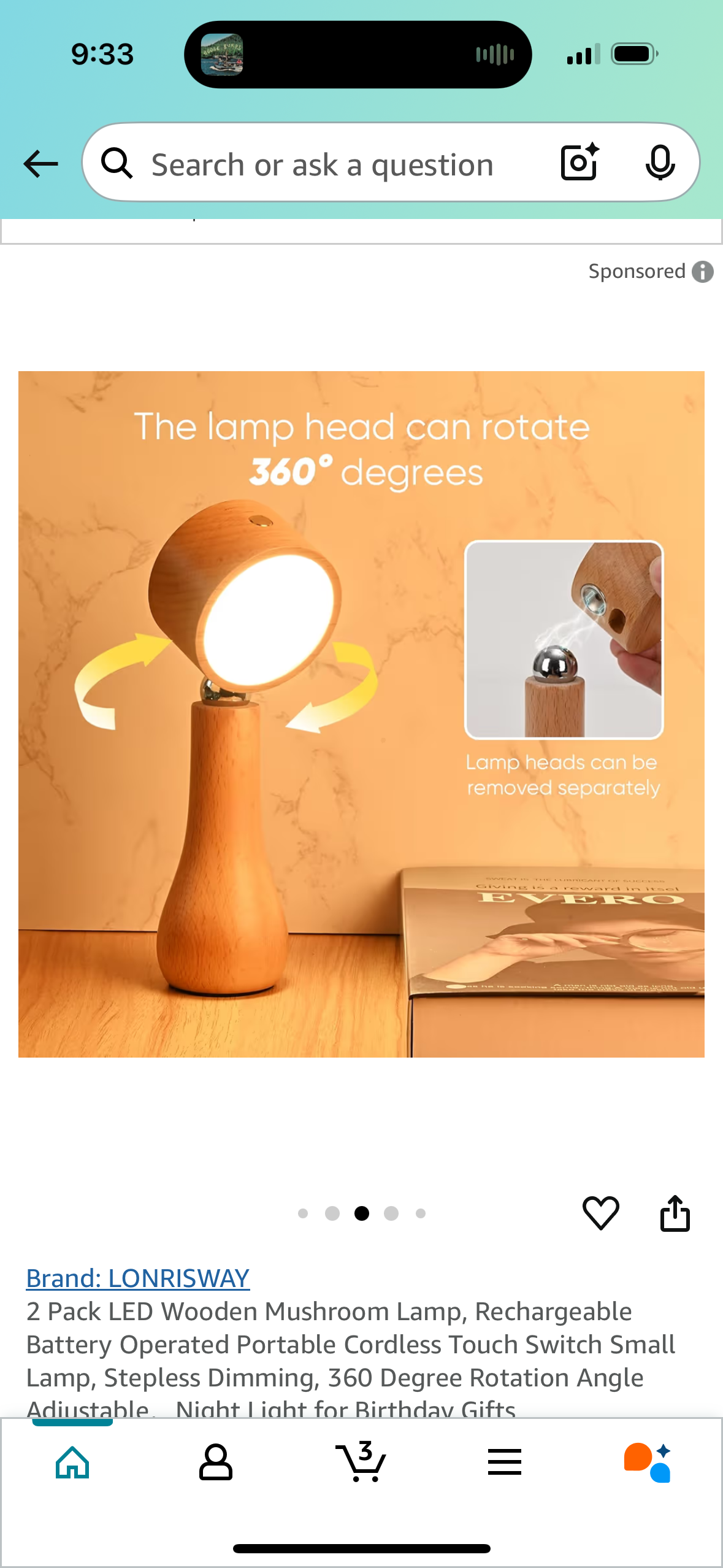 2 Pack LED Wooden Mushroom Lamp, Rechargeable Battery Operated Portable Cordless Touch Switch Small Lamp, Stepless Dimming, 360 Degree Rotation Angle Adjustable,Night Light for Birthday Gifts