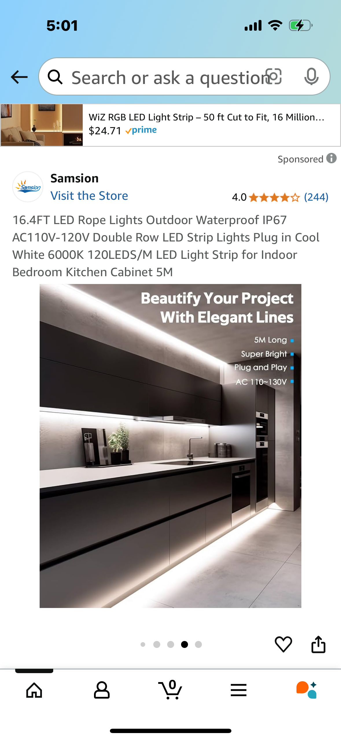 16.4FT LED Rope Lights Outdoor Waterproof IP67 AC110V-120V Double Row LED Strip Lights Plug in Cool White 6000K 120LEDS/M LED Light Strip for Indoor Bedroom Kitchen Cabinet 5M