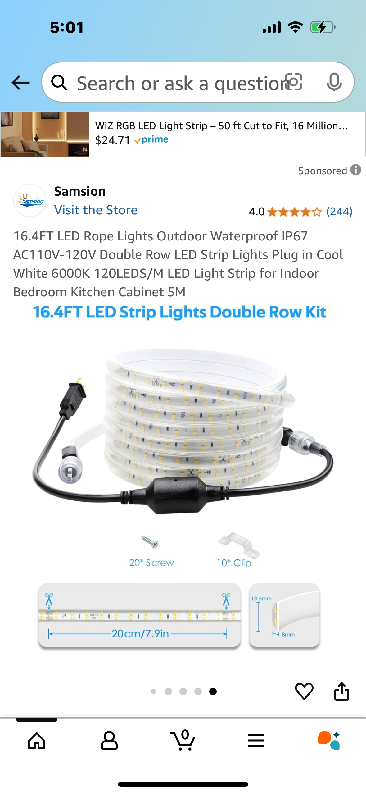 16.4FT LED Rope Lights Outdoor Waterproof IP67 AC110V-120V Double Row LED Strip Lights Plug in Cool White 6000K 120LEDS/M LED Light Strip for Indoor Bedroom Kitchen Cabinet 5M