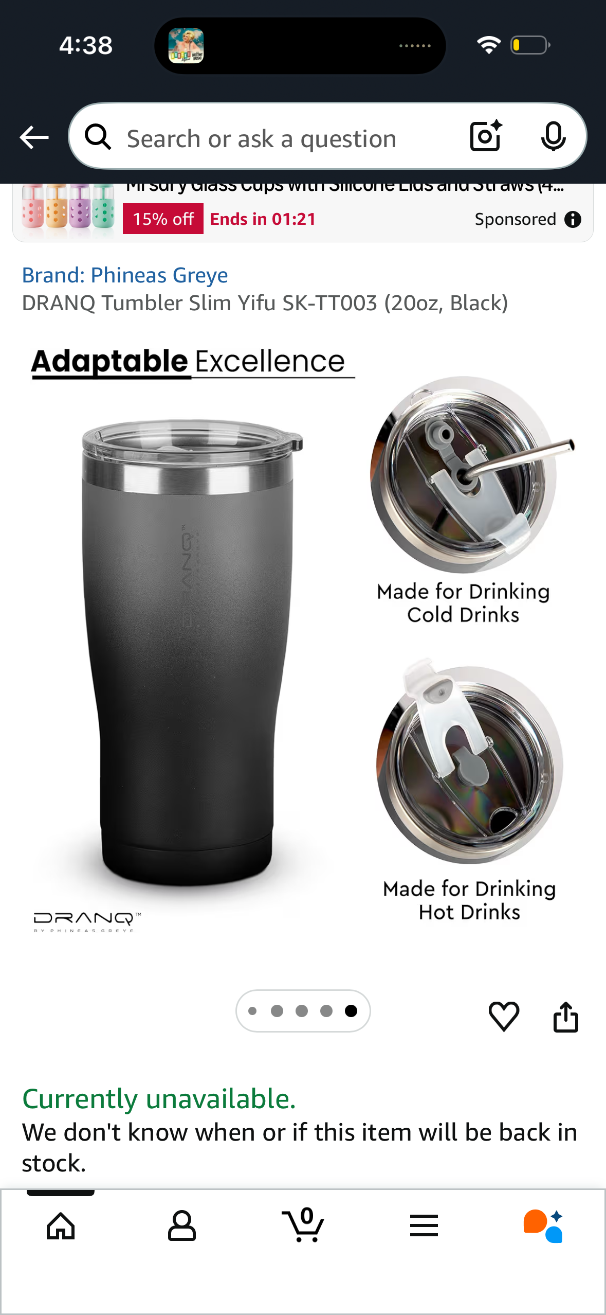DRANQ Tumbler Slim Yifu SK-TT003 (20oz, Black), Includes 2 Lids, Straws, Straw Cleaner