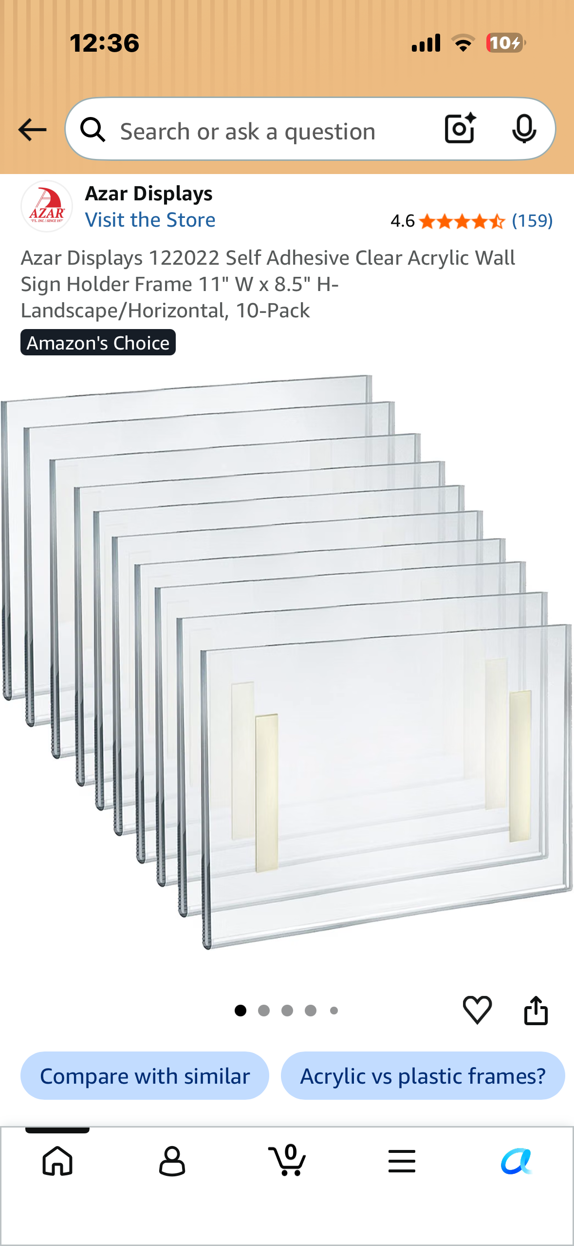 Azar Displays 122022 Self Adhesive Clear Acrylic Wall Sign Holder Frame 11" W x 8.5" H- Landscape/Horizontal, 10-Pack